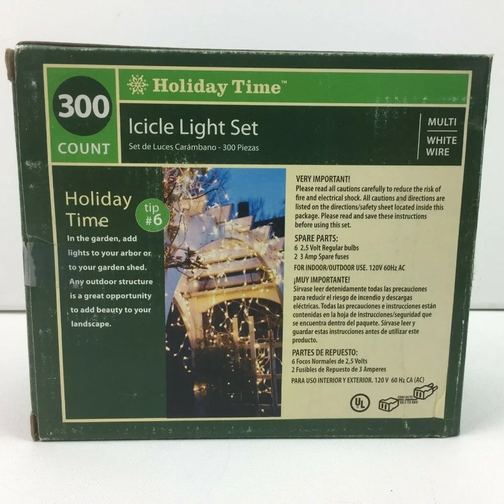 Holiday Time 300 Christmas 18 Ft Multicolor Bulbs White Wire Icicle Light Set